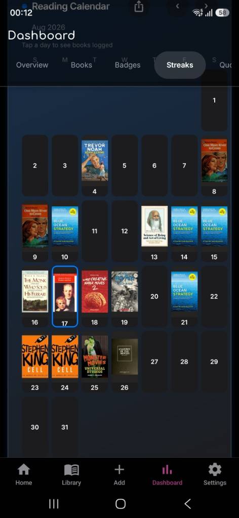 Willow reading calendar with book covers on the days books were logged