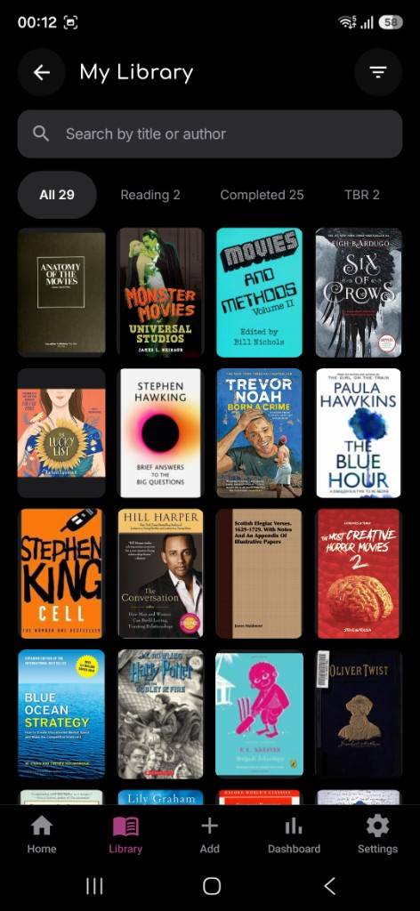 Willow My Library screen with a searchable cover grid and Reading, Completed, and TBR filters