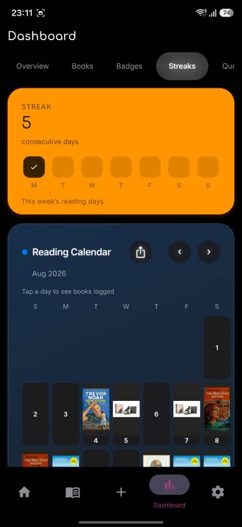 Willow streaks dashboard showing consecutive reading days and this week’s tracker