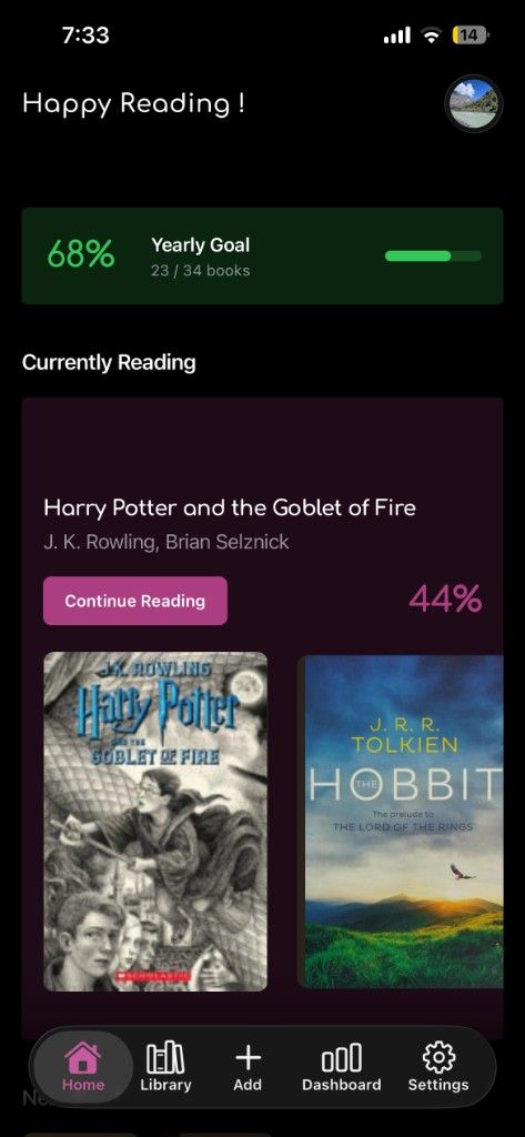 Willow Home screen with yearly reading goal, currently reading, and continue reading